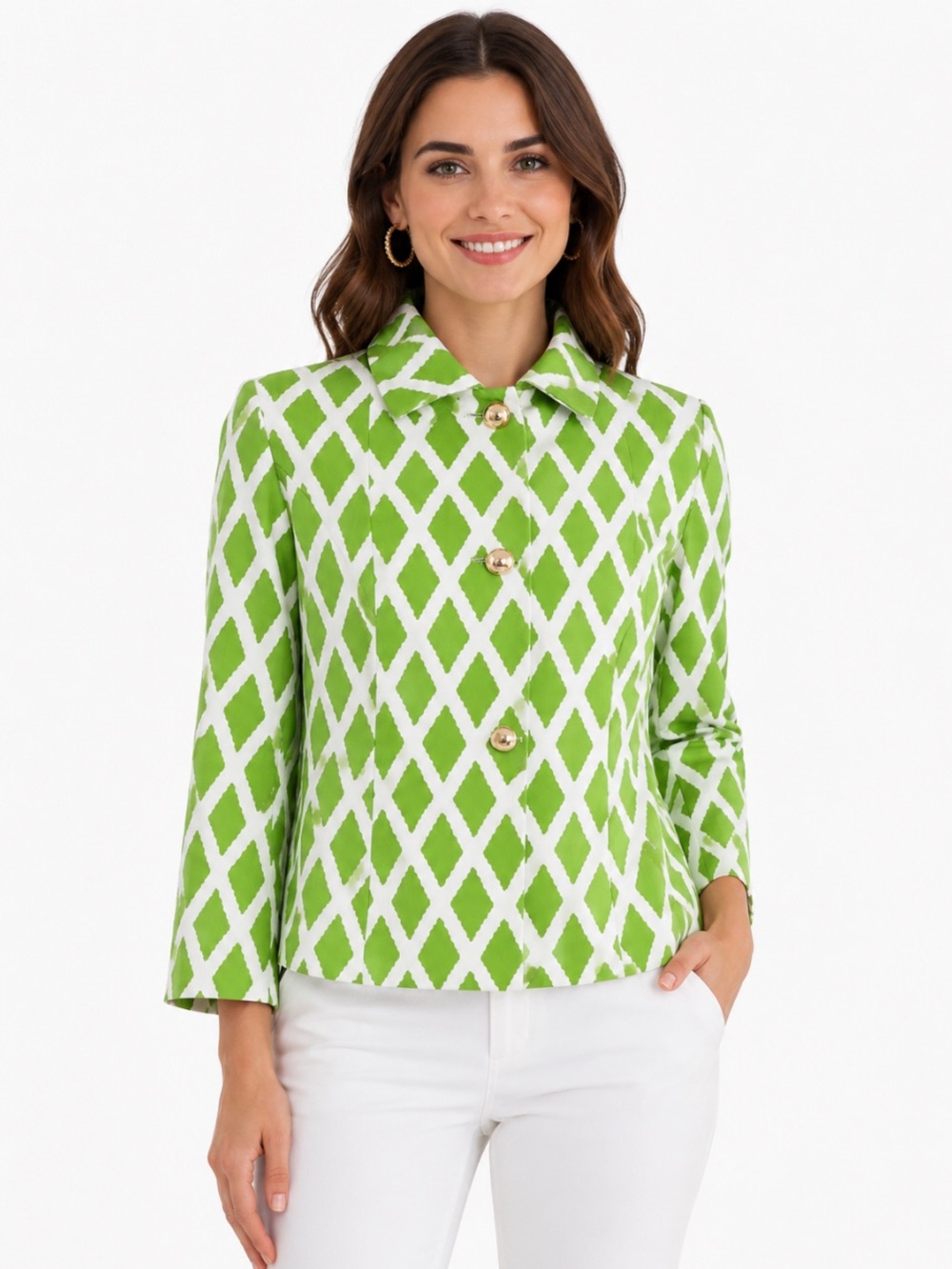 EDEN BLAKE Green & White Diamond-Print Polished Gold Button Jacket size 8 NWOT